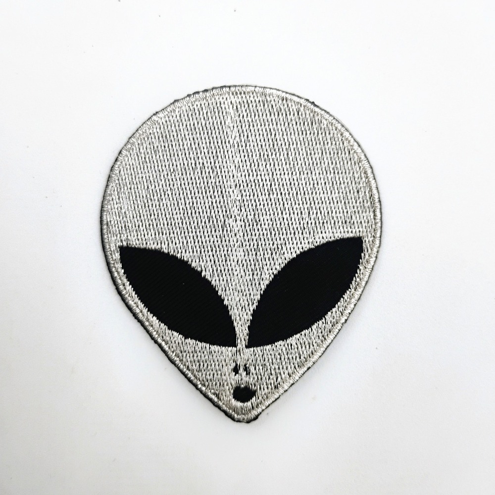 Silver Alien Head Embroidered Patch Metallic Grey UFO Outer Space IronOn VTG 90s